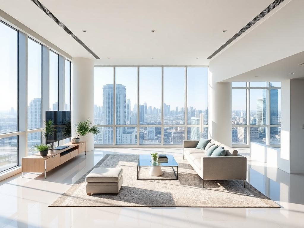 Immaculate modern condo living room with a city view