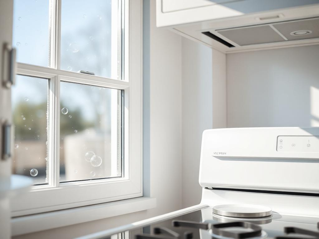 Sparkling clean interior window beside a spotless stove